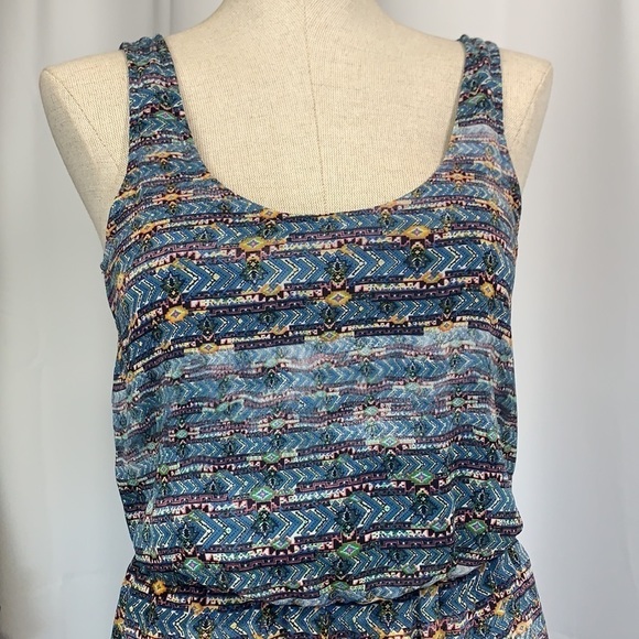 Lush Step Hem Asymmetrical Maxi Dress - Blue/Multi Abstract Print, Size XS - Picture 2 of 8